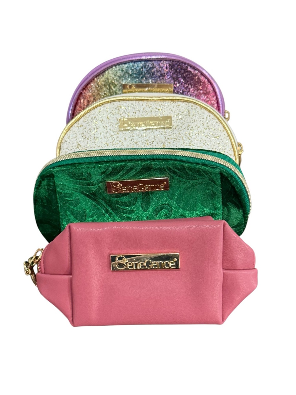 SeneGence Pink, Green, White & Rainbow Glitter Makeup Pouch 4 piece